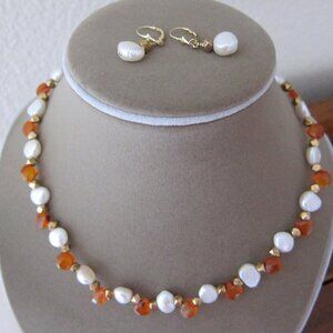 BAROQUE PEARLS and CARNELIAN HAND STRUNG NECKLACE and EARRINGS
